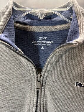 Vineyard Vines Light Gray quarter zip with Navy Lining